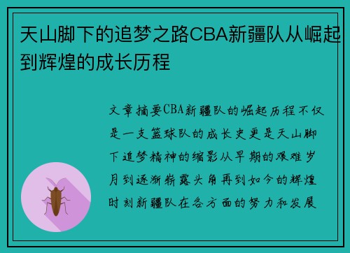 天山脚下的追梦之路CBA新疆队从崛起到辉煌的成长历程