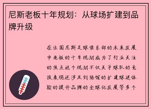 尼斯老板十年规划：从球场扩建到品牌升级