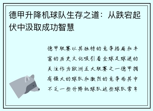 德甲升降机球队生存之道：从跌宕起伏中汲取成功智慧