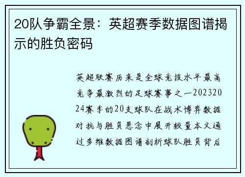 20队争霸全景：英超赛季数据图谱揭示的胜负密码